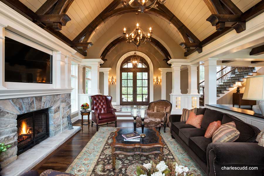 oriental rug in a living room with a fireplace