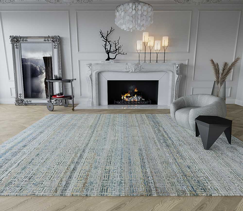 Tufenkian rug in a living room with a fireplace