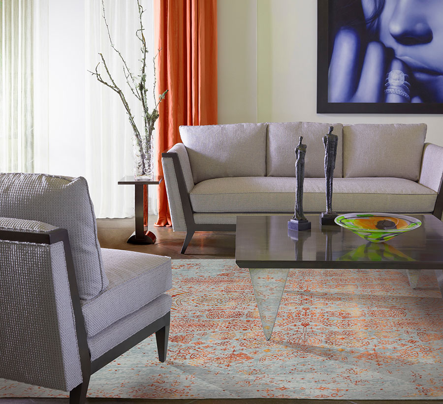 living room adorned with a striking transitional area rug