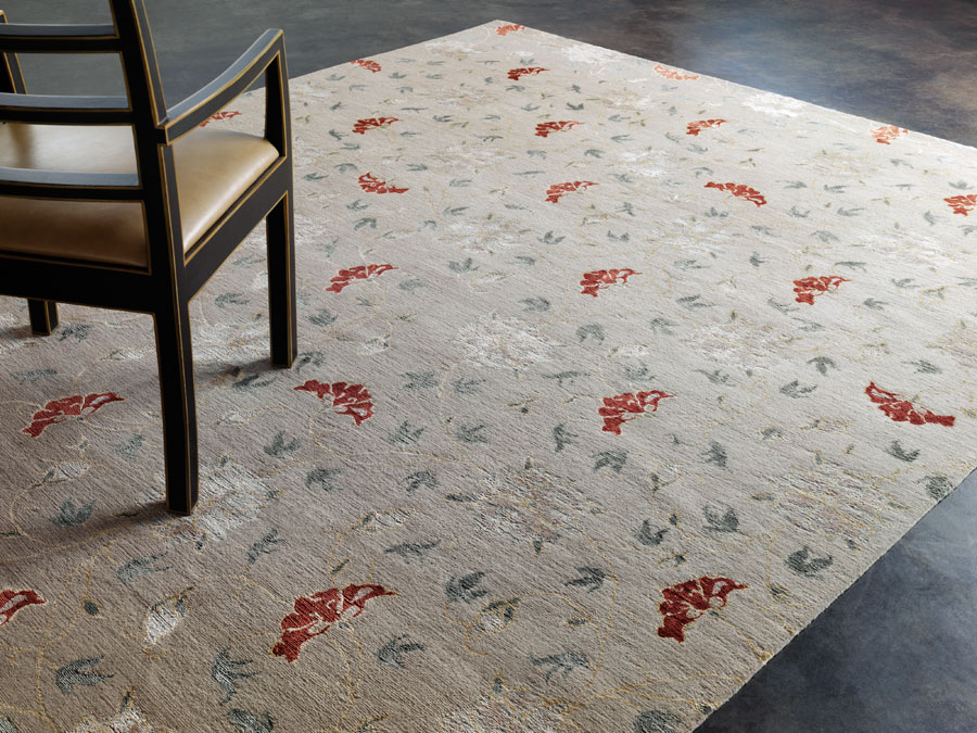 close-up of a floral-patterned, hand-knotted Lapchi area rug