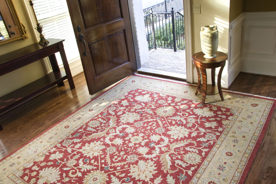 an area rug covers the wooden floor of the entrance to a home