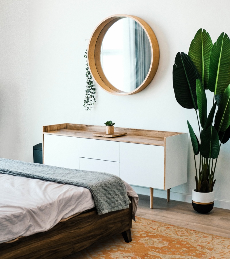 a plant placed beside the console table