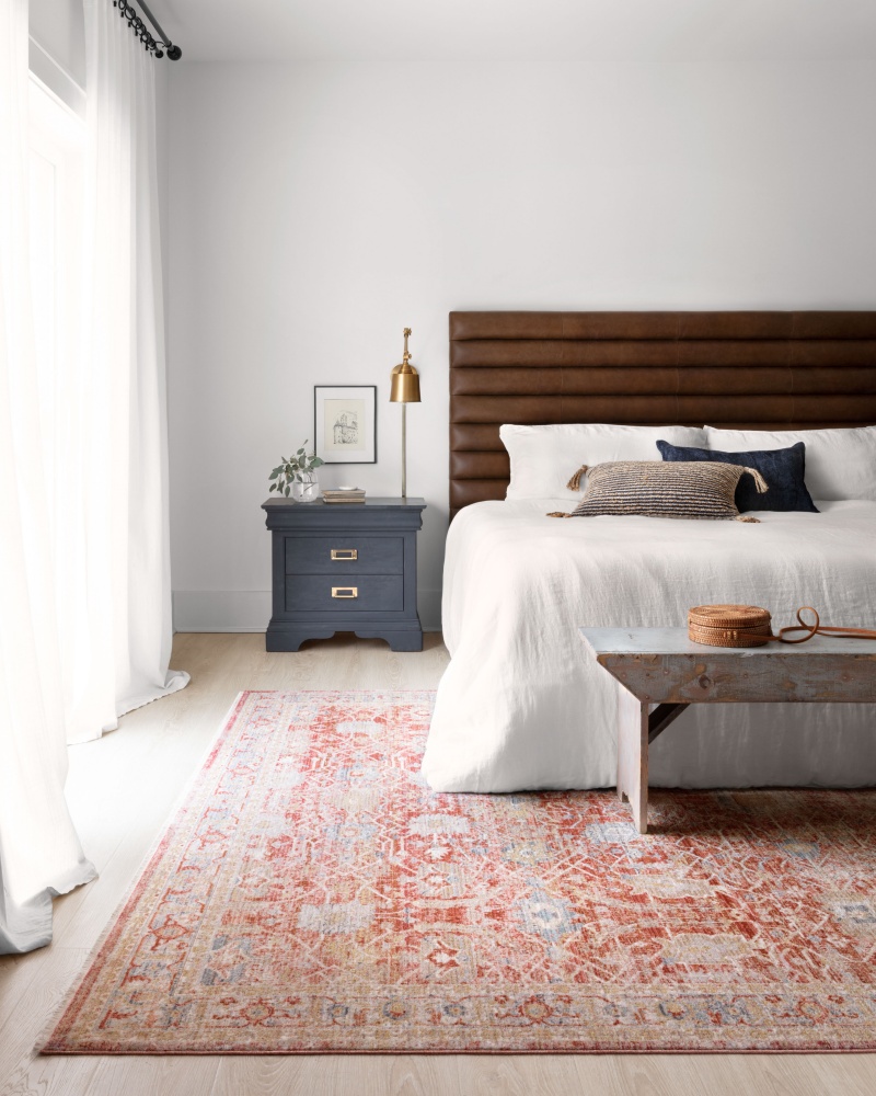 transitional bedroom with a neutral palette and varied textures