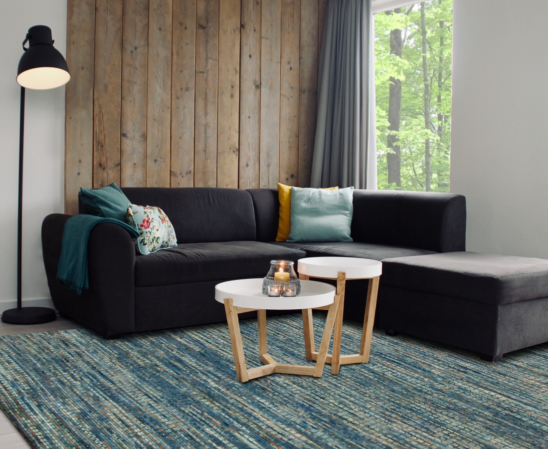 Scandinavian minimalist living room with warm tones