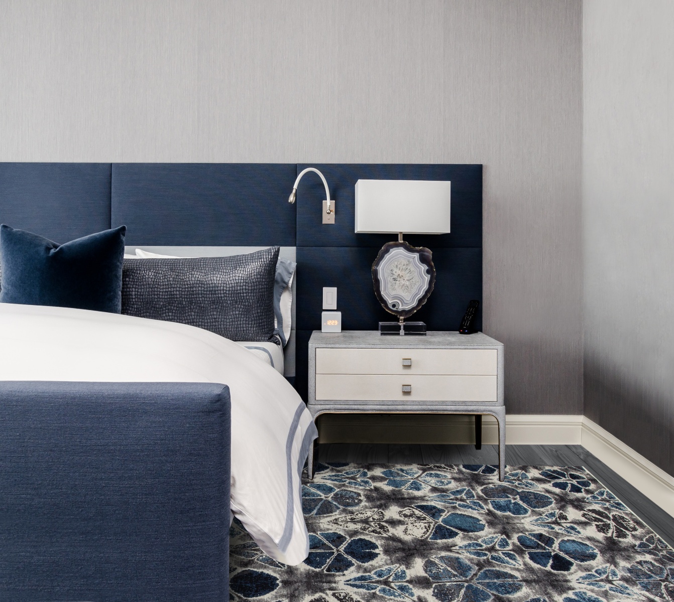 a patterned rug in a blue and gray room