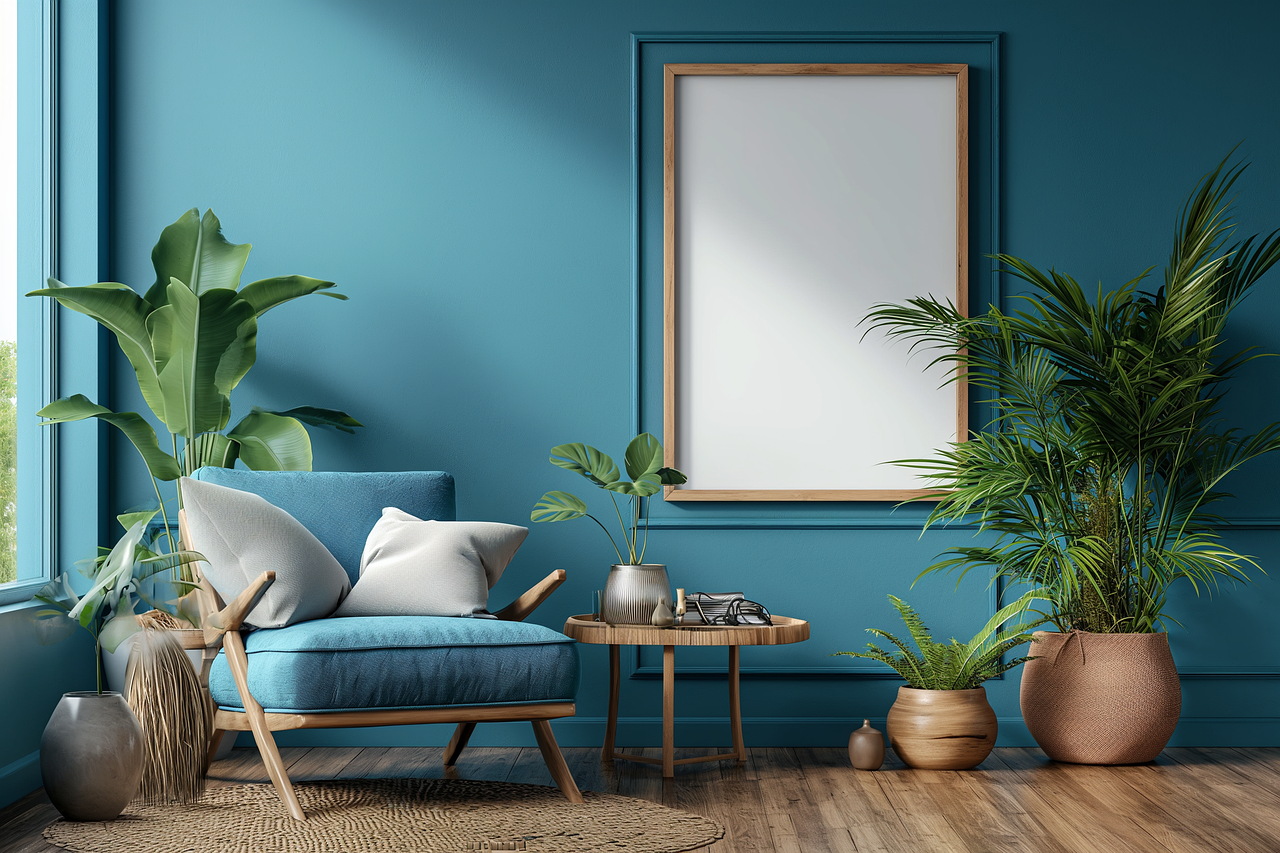 Biophilic interior design with blue wall background
