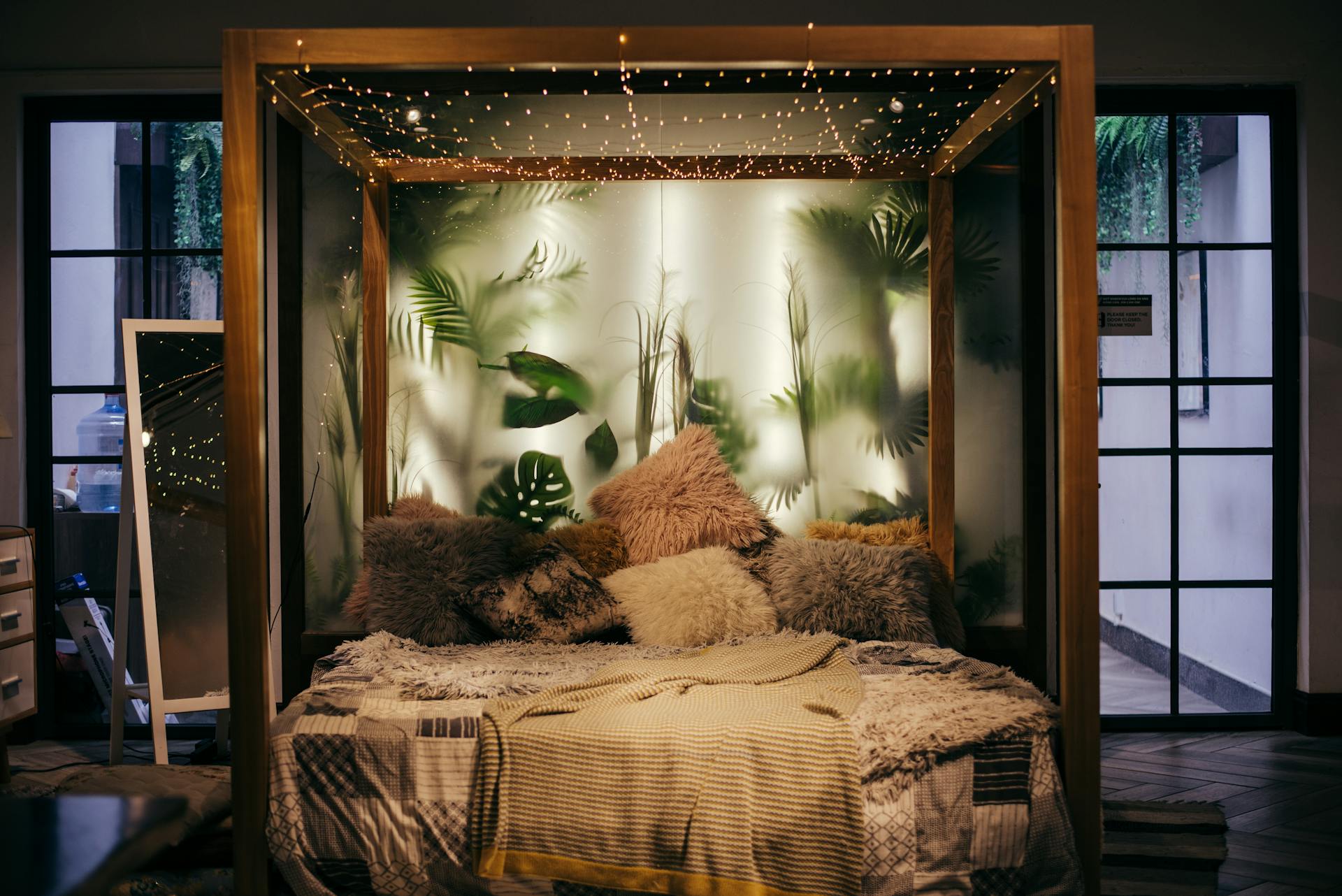 Cozy bedroom with string lights hanging above