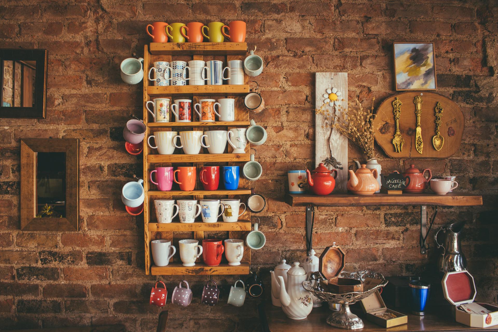 colorful mugs on a wall
